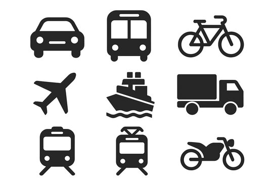 Transport icon set simple flat design. Minimalist glyph silhouette collection for web and mobile. Car, bus, bike, plane, ship, truck, train, tram, motorcycle vector icons.