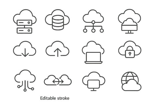 Cloud computing icon set. Big data, database and server line icons. Network technology, hosting, security pictogram collection. Editable stroke vector graphic for web and app UI.