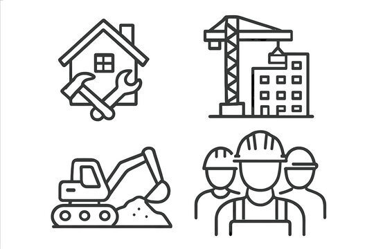 Construction icons collection. Building industry, home repair, real estate, and engineering outline symbols. Includes crane, excavator, worker team, and tools. Vector set for web. - Powered by Adobe