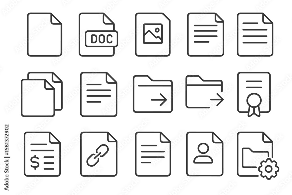 Poster document and file web icon set in thin line style. collection of linear symbols: format, image, text