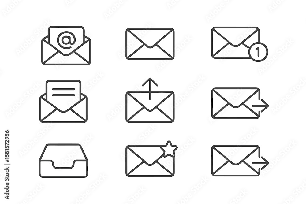 Poster email and mail linear icon set. communication and messaging symbols. thin line web interface pictogr