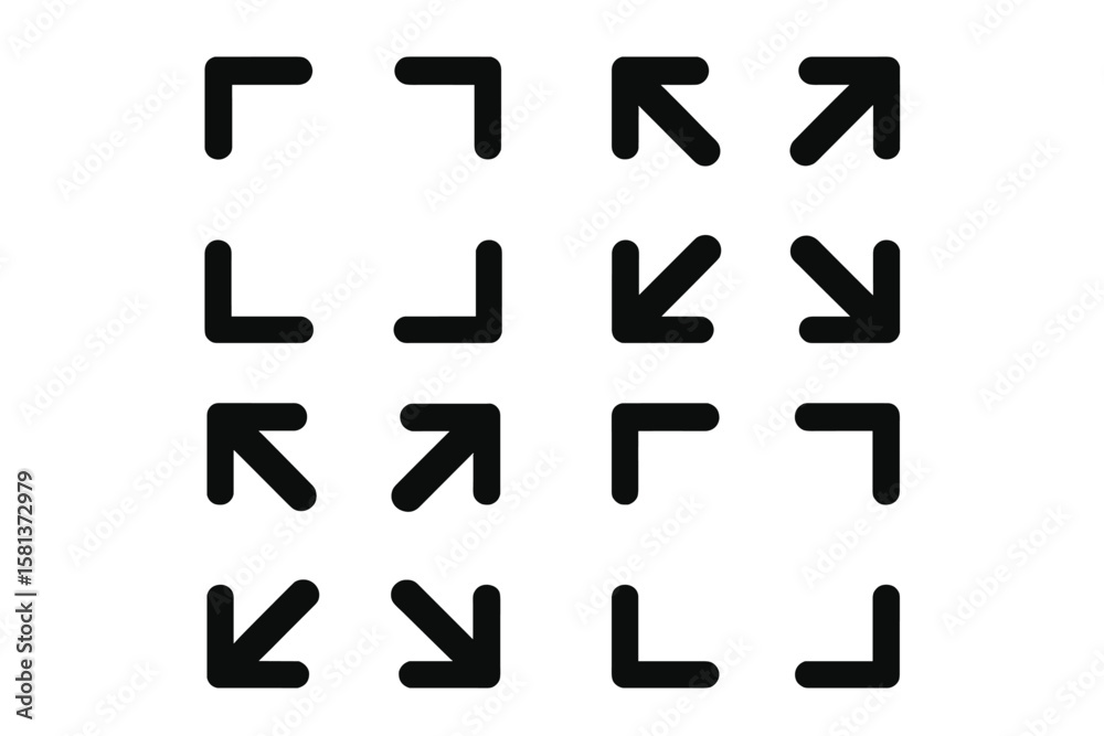 Poster minimalist full screen and exit icons set, arrow mark symbols, scalable vector ui elements for web, 