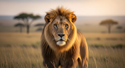 Obraz premium Majestic Lion with Golden Mane in Intense Stare, Against Ethereal Savannah Backdrop