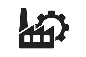 Industrial factory icon with gear symbol. Black silhouette manufacturing building. Mechanical engineering symbol. Industry automation concept. Vector logo for production facility