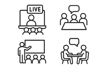 Set of 4 Meeting and Webinar Line Icons. Live Webinar, Conference, Business Meeting, Classroom Presentation, Teamwork, Interview, Communication, Online Learning, Discussion
