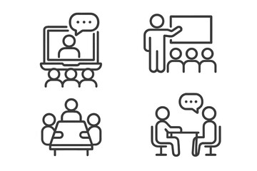 Business meeting and communication icons set. Line style vector collection. Webinar, conference, classroom training, team discussion, interview, online seminar, group presentation