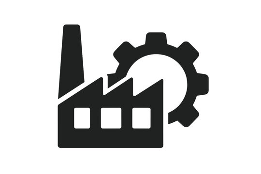 Industrial factory icon with gear symbol. Black silhouette manufacturing building. Mechanical engineering symbol. Industry automation concept. Vector logo for production facility