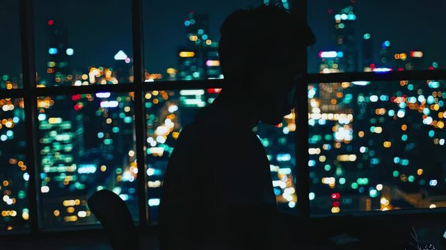 Silhouette of person working on laptop in highrise with vibrant cityscape at night