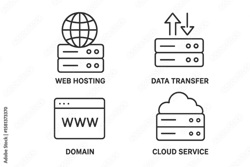 Poster web hosting service icons set. line style symbols of domain registration, cloud computing, data exch