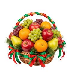 Festive fruit basket with apples, pears, grapes, and oranges. Holiday gift idea.