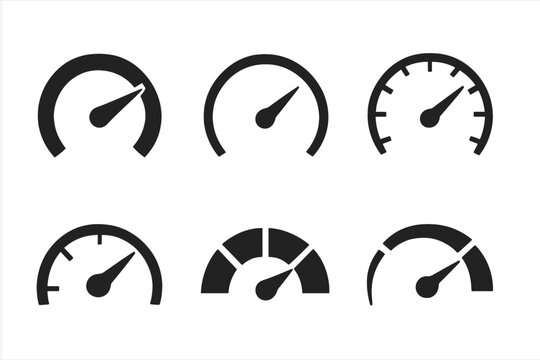Speedometer gauge black icon set. Internet speed indicator. Tachometer dashboard icons. Fast loading. Gauge UI element. Performance meter. Credit score dial vector set