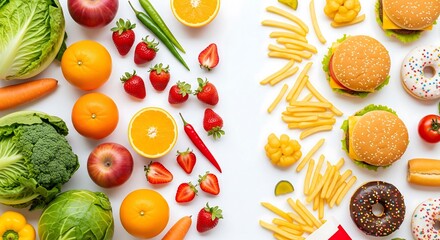 A vibrant image contrasting healthy and unhealthy food choices. Fresh fruits, vegetables, and processed foods like burgers, fries, and donuts are displayed side-by-side.