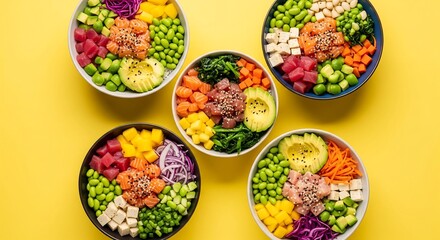 Five vibrant poke bowls arranged on a yellow background. Each bowl features a colorful mix of salmon, tuna, avocado, edamame, and various vegetables. A healthy and visually appealing meal.