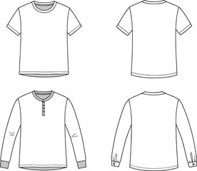 Vector fashion flat sketch of T-shirt and Henley shirt, front and back views, garment mockup templates, clothing design illustration for apparel projects