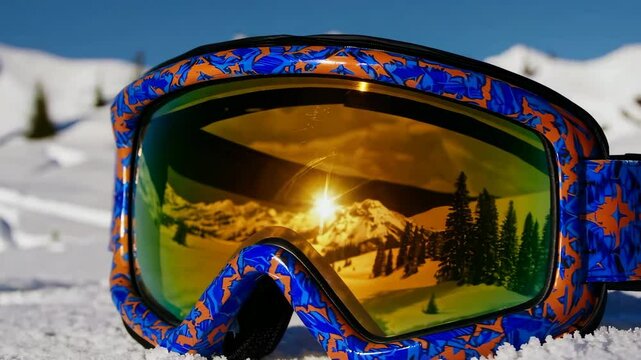 Timelapse of reflective ski goggles capturing majestic snowy mountain sunrise