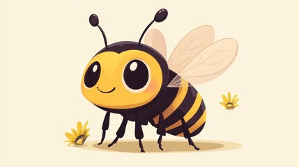 Adorable Cartoon Bee with a Cheerful Smile and Cute Floral Details in a Delightful Illustration Style