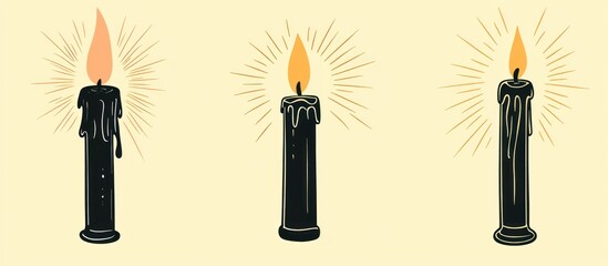 Illustration of Three Burning Candles with Wax Drips and Rays of Light