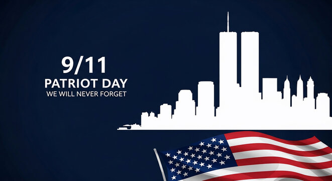 Illustration for 9/11 Patriot Day. Features NYC skyline, Twin Towers silhouette, and American flag