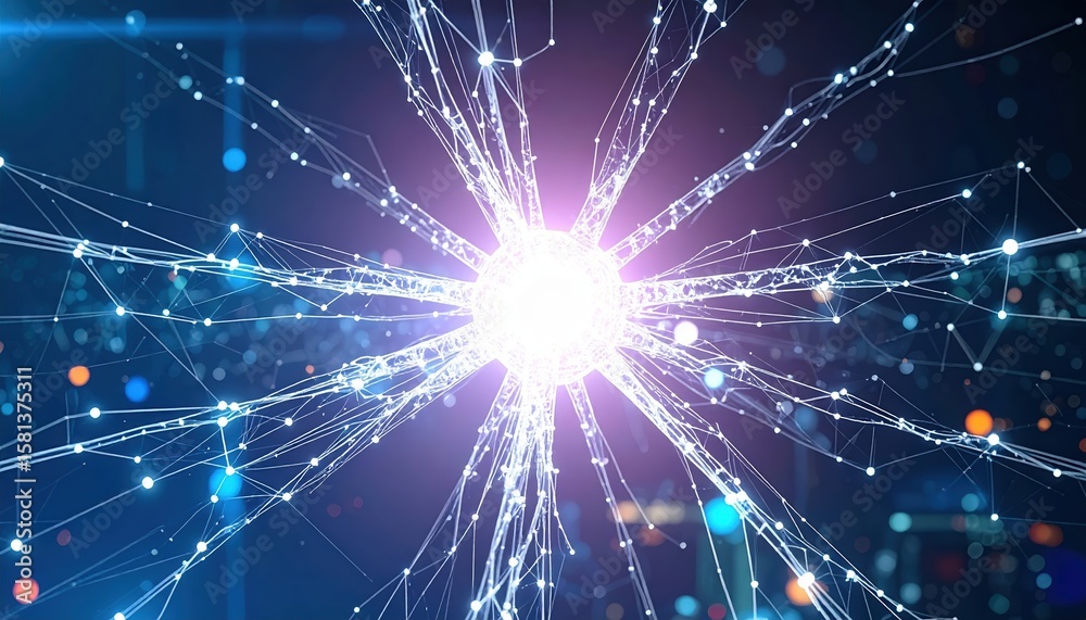Poster a bright, radiant neural network pulsates with interconnected data points and lines, symbolizing com