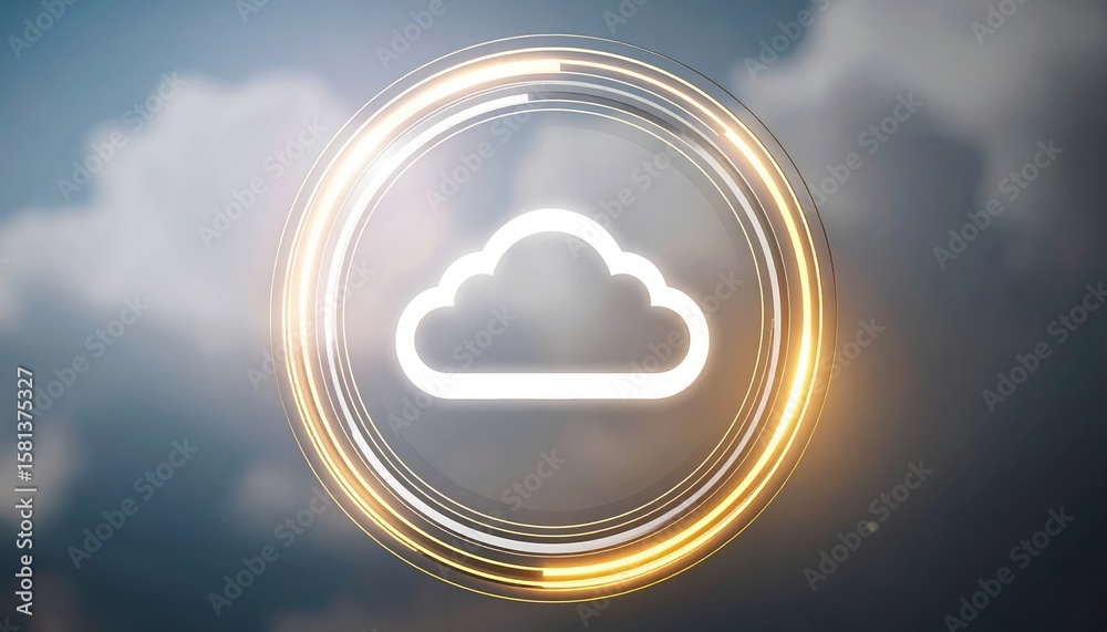 Poster cloud computing icon illuminated with golden light emanating against a soft focus cloudy sky symboli