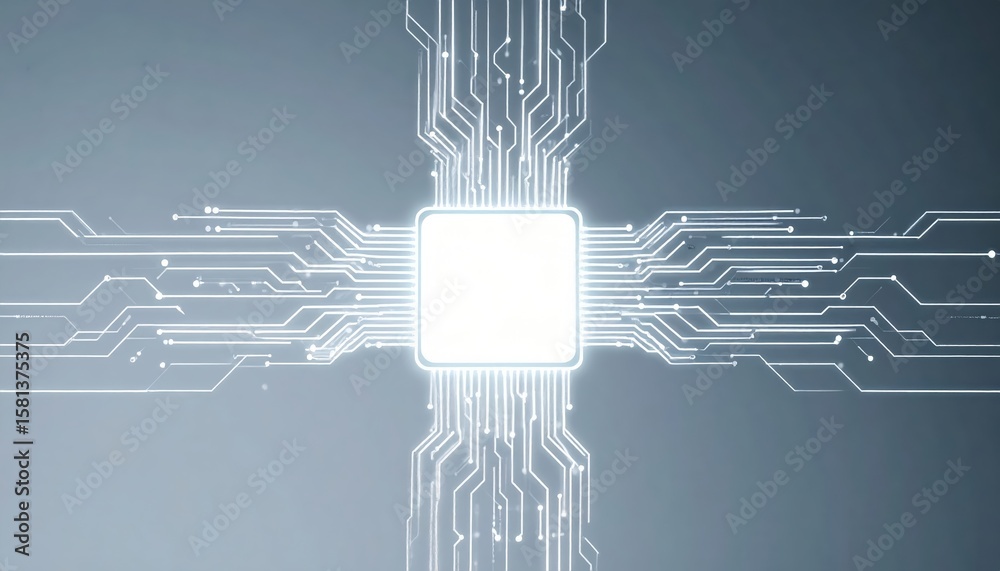 Poster an abstract depiction of a central processing unit glows brightly with interconnected pathways repre