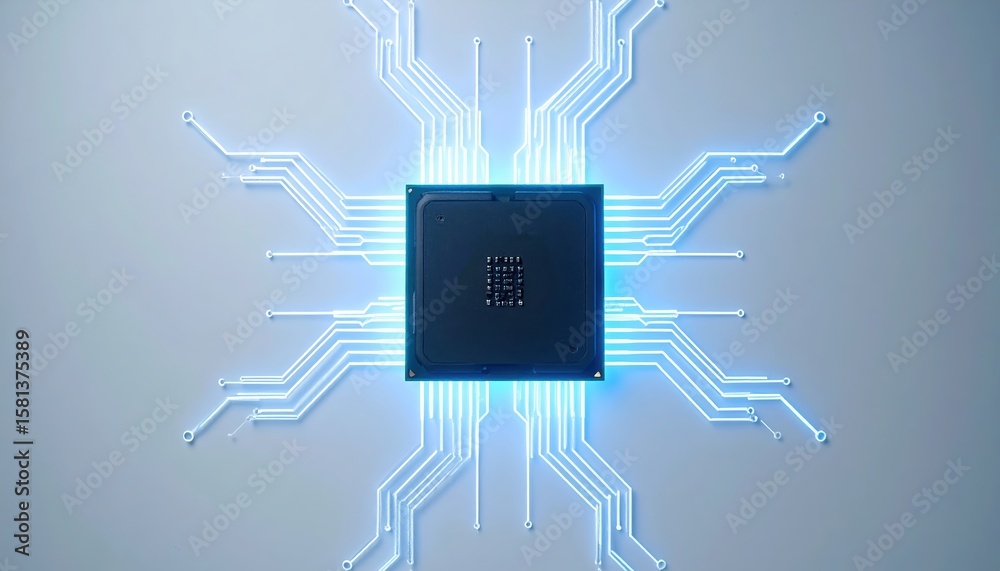 Poster a central processing unit chip is glowing with blue light and intricate circuit patterns on a plain 