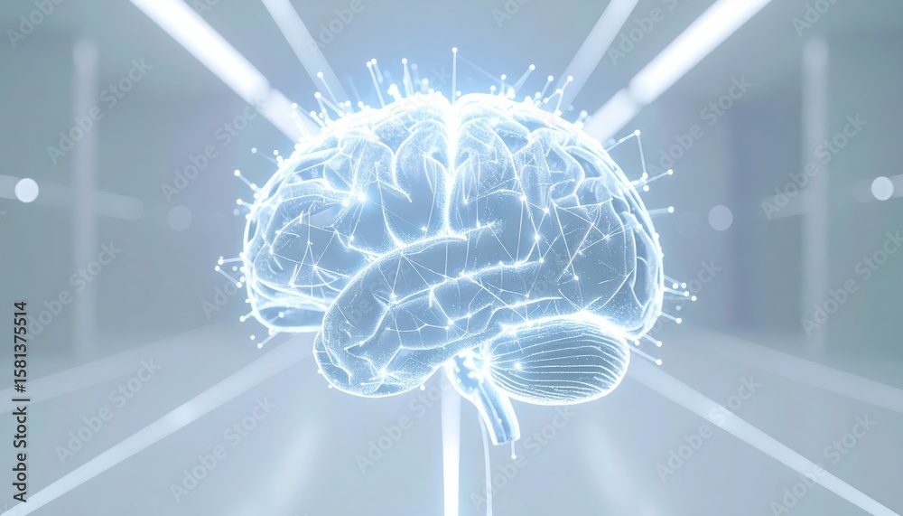 Poster holographic blue brain visualization with connecting lines and nodes representing neural networks, c