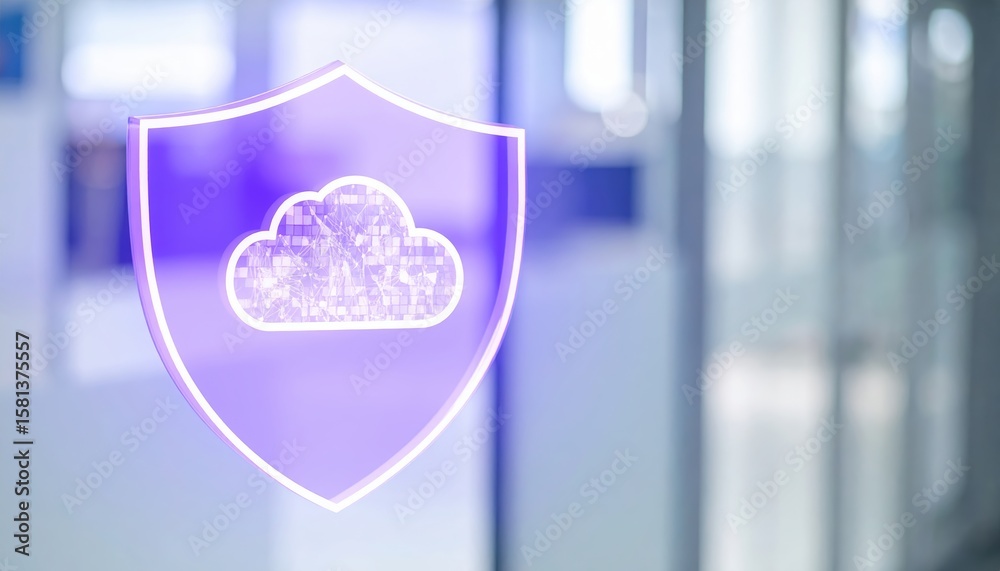 Poster a transparent shield displaying a pixelated cloud symbol signifies digital security and data protect
