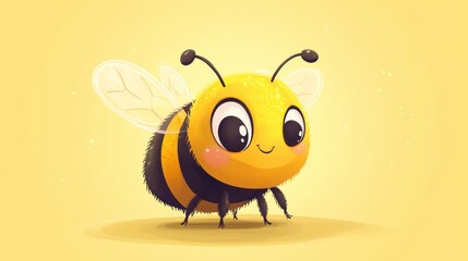 Charming Cartoon Bee Illustration on a Sunny Yellow Background with Transparent Wings