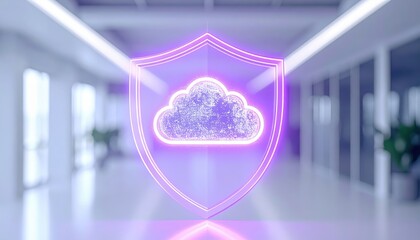 The glowing neon cloud inside a shield represents secure data storage and cloud computing in a bright modern office environment, symbolizing digital protection.
