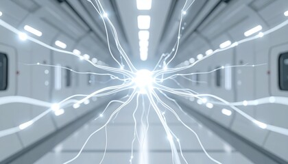 Futuristic hallway illuminated with glowing energy pathways symbolizing advanced technology, artificial ligence, and complex network systems in a sterile environment.