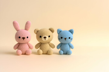 Fototapeta premium Cute Handmade Crochet Amigurumi Bunny Bear Cat Plush Toys