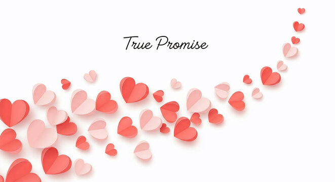 Paper cut hearts in shades of red and pink creating a decorative, flowing pattern on a white background