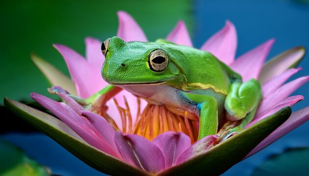 a bright green tree frog sitting on a water lily