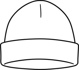 Front view sketch of beanie hat with clean silhouette, folded brim, top seam detail, minimal fashion illustration, winter accessory blueprint, garment design mockup