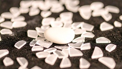 A close-up of a smooth, white oval pebble surrounded by scattered pieces of clear, frosted glass on a dark, textured surface, highlighting contrast.