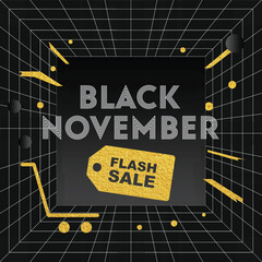 Black November Flash Sale Banner with Shopping Cart and Gold Geometric Elements on Grid Background