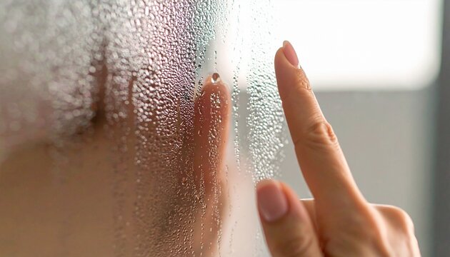 A close-up shot of a finger touching a fogged-over glass surface covered in countless condensation droplets, creating a blurry reflection.