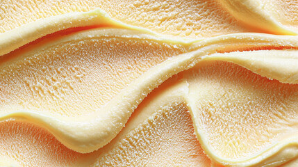 Yellow ice cream, gelato texture background. Lemon, banana, mango, pineapple, vanilla flavors ice cream scooping background