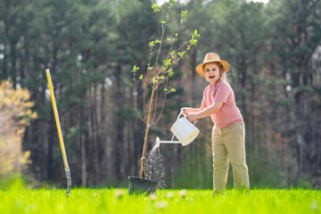 Kid with shovel in garden. Child cultivating a tree in garden. Child planting tree. Little gardener...