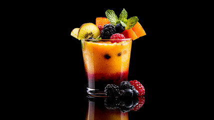 Colorful smoothie with fresh fruits, garnished with mint leaves, creating vibrant and refreshing drink. Perfect for summer enjoyment