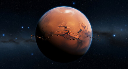 Naklejka premium Realistic 3D render of planet Mars in deep space, showing surface details and an asteroid ring