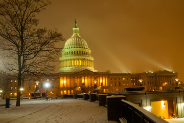 Washington DC in night winter snow. Capitol Building in night. Washington city Capitol. United...