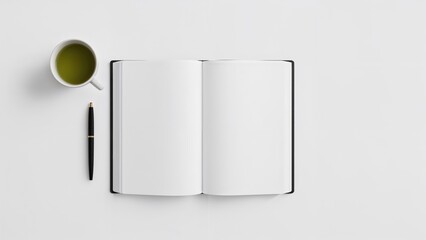 Open Notebook with Pen and Coffee Cup on White Desk