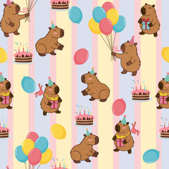 Cute birthday pattern with cartoon capybara