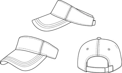 Baseball cap technical sketch, front back side views, garment mockup, adjustable strap design, curved brim illustration, minimalist headwear, clothing accessory template