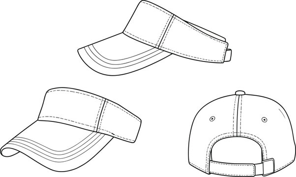 Baseball cap technical sketch, front back side views, garment mockup, adjustable strap design, curved brim illustration, minimalist headwear, clothing accessory template