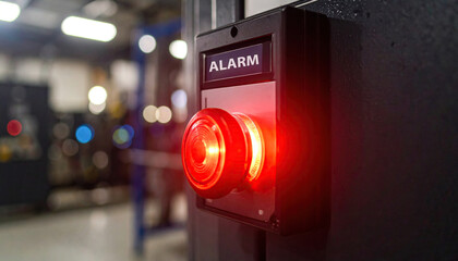 Illuminated alarm button signals danger in an industrial environment.