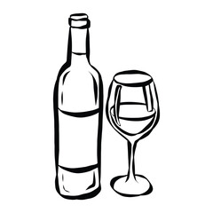 Whimsical chalk doodles of wine glass and bottle. Quirky icons of breakfast and dinner meals in crayon style. Crayon drawing for menus and invitations. La dolce vita italian vector illustration