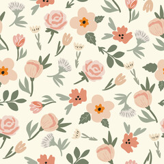 Seamless abstract vector pattern with delicate pastel flowers for background, fabric or packaging design.